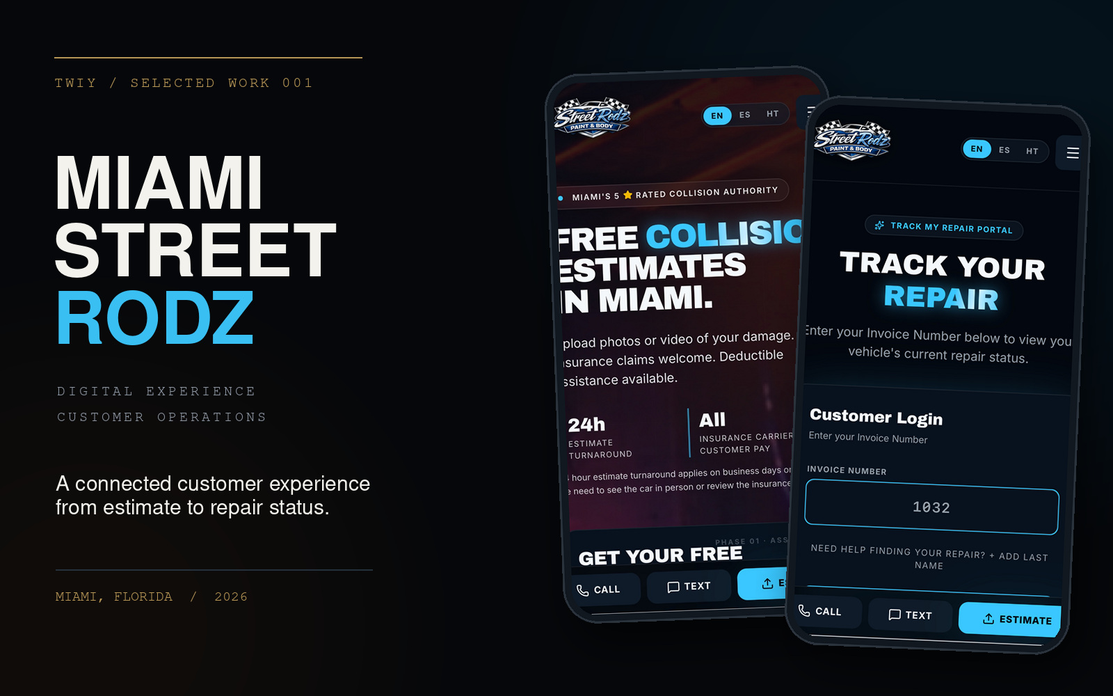 Miami Street Rodz case study: free collision estimate landing page and Track Your Repair portal shown on two phones.