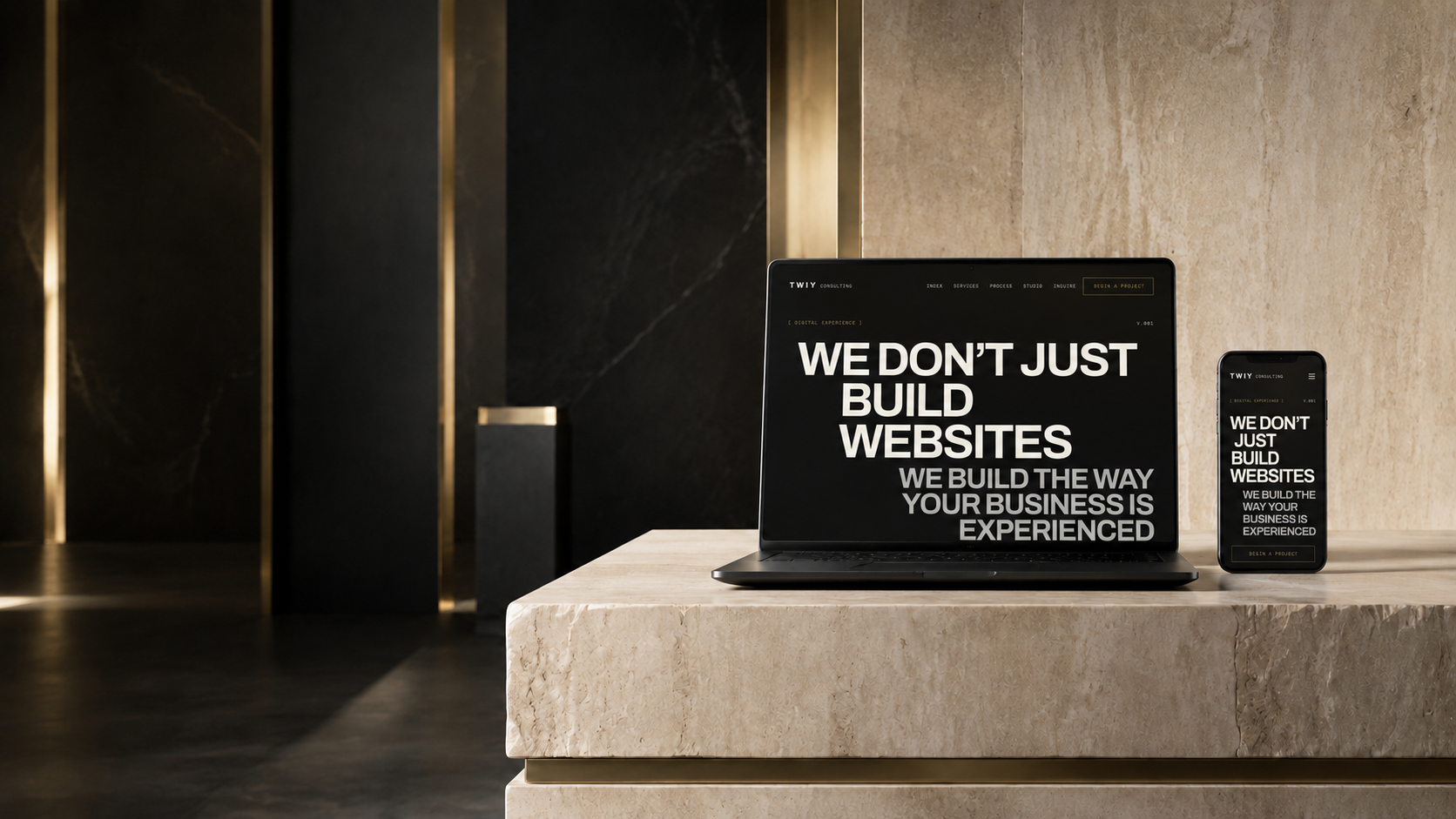 A custom TWIY website shown across desktop and mobile screens.